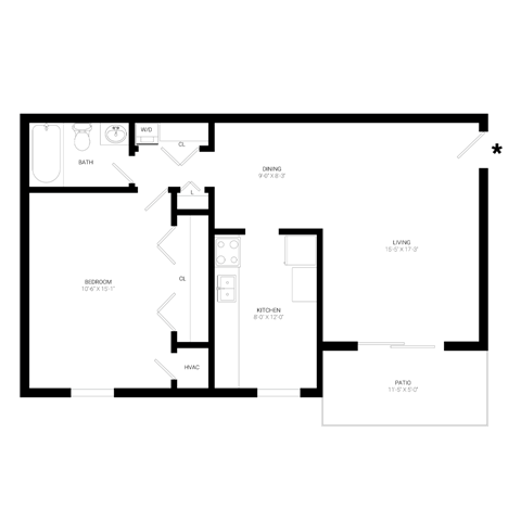 Floor plan for 1 bed, 1 bath, 725 sqft